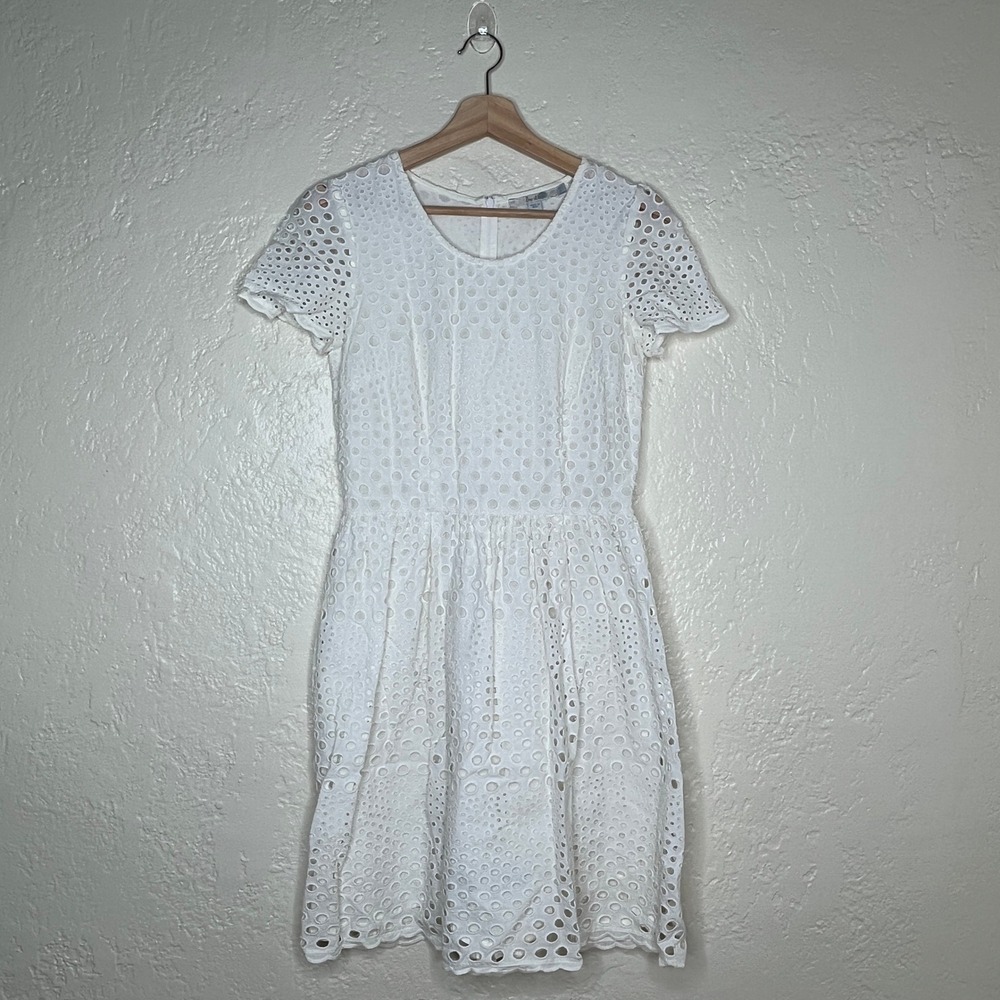 Boden White Eyelet Cotton Lace Short Sleeve Fit Flare Dress WH541 Womens US 4R
